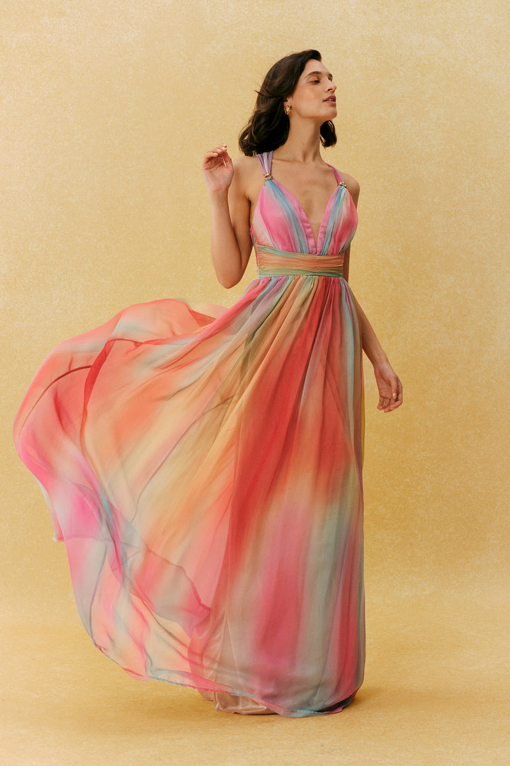 Sunset Society Multi Gradient V Neck Maxi Dress Back - KYMA