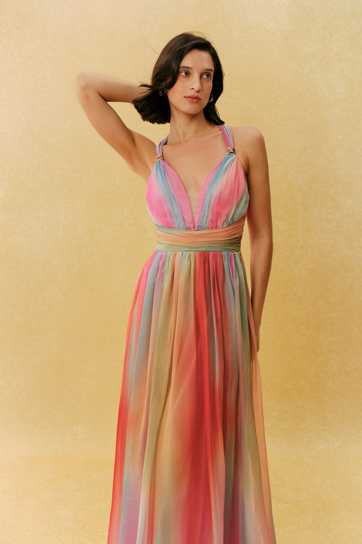 Sunset Society Multi Gradient V Neck Maxi Dress Flowy - KYMA