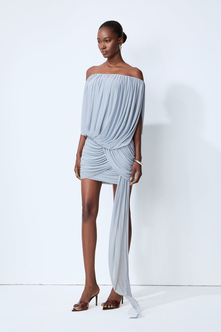 Lights Down Low Blue Off-Shoulder Ruched Mini Dress Styling