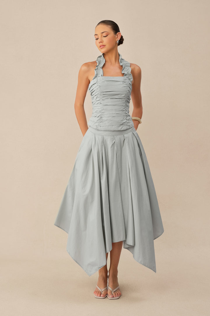 Graues Rüschen-Neckholder-Top mit Raffungen und asymmetrischem Rock-Set für Damen - KYMA