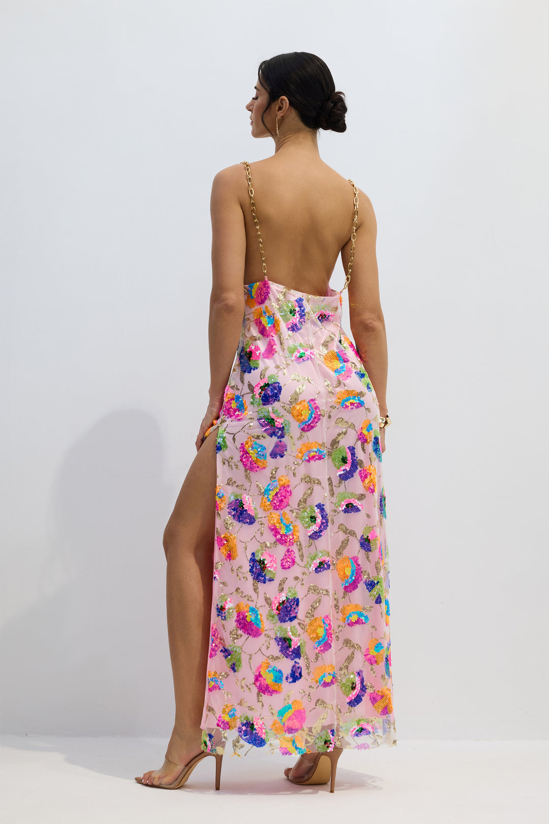 Fanny besticktes Pailletten-Rückenfreies Maxikleid mit Metallkette 3