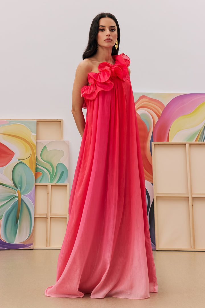 Fiona One-Shoulder Gradient Maxikleid – Detail Falten