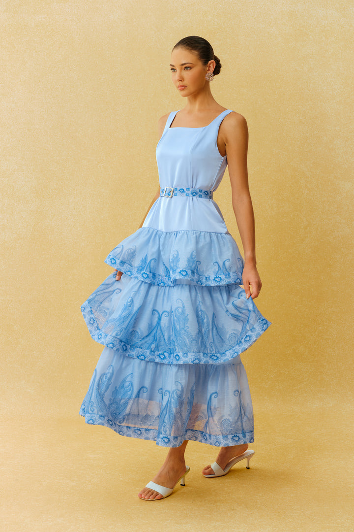 Forever Yours blaues Maxikleid mit Paisley-Print und eckigem Ausschnitt Rockdetail