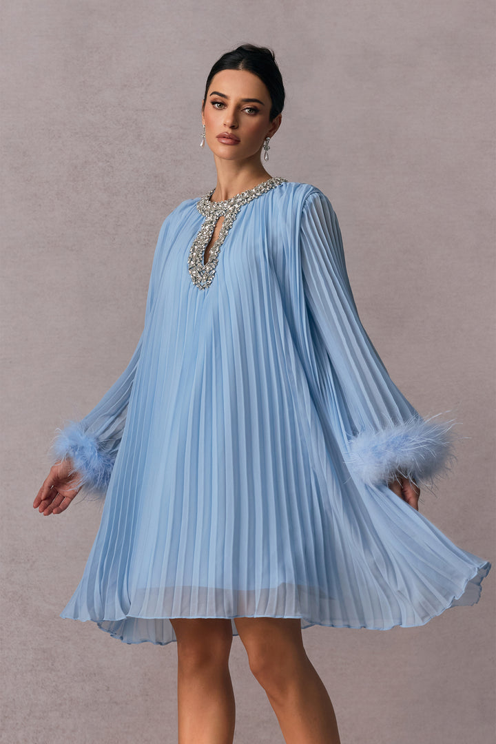 Gabrielle Diamant-Minikleid aus plissiertem Chiffon mit Federn Vorderansicht