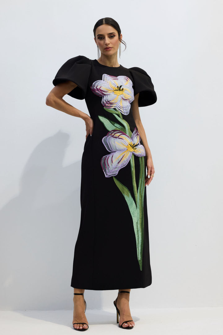 Georgia Maxikleid mit Blumenstickerei und Puffärmeln Puffärmel – KYMA