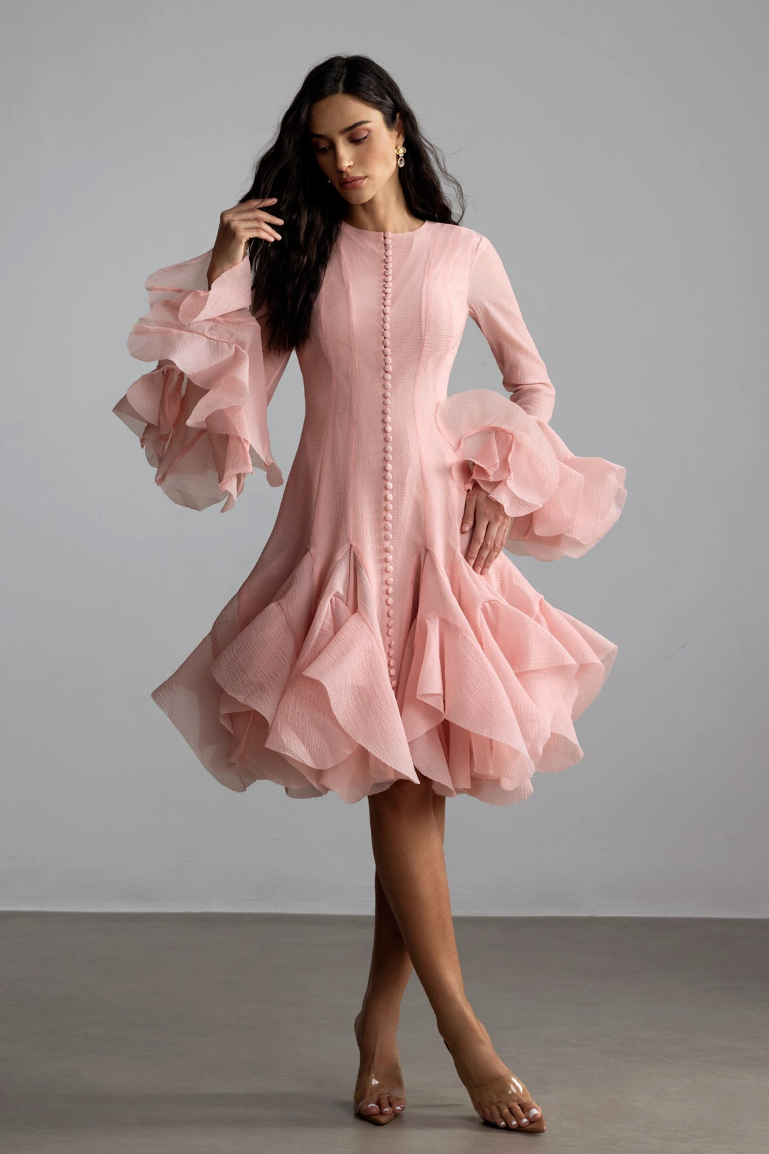 Gloria langes Ärmel Midi-Kleid mit ausgestelltem Saum – KYMA