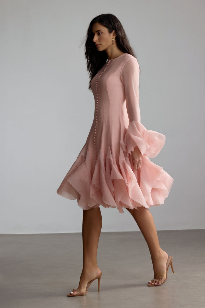 Gloria langes Ärmel Midi-Kleid mit ausgestelltem Saum – Saum – KYMA