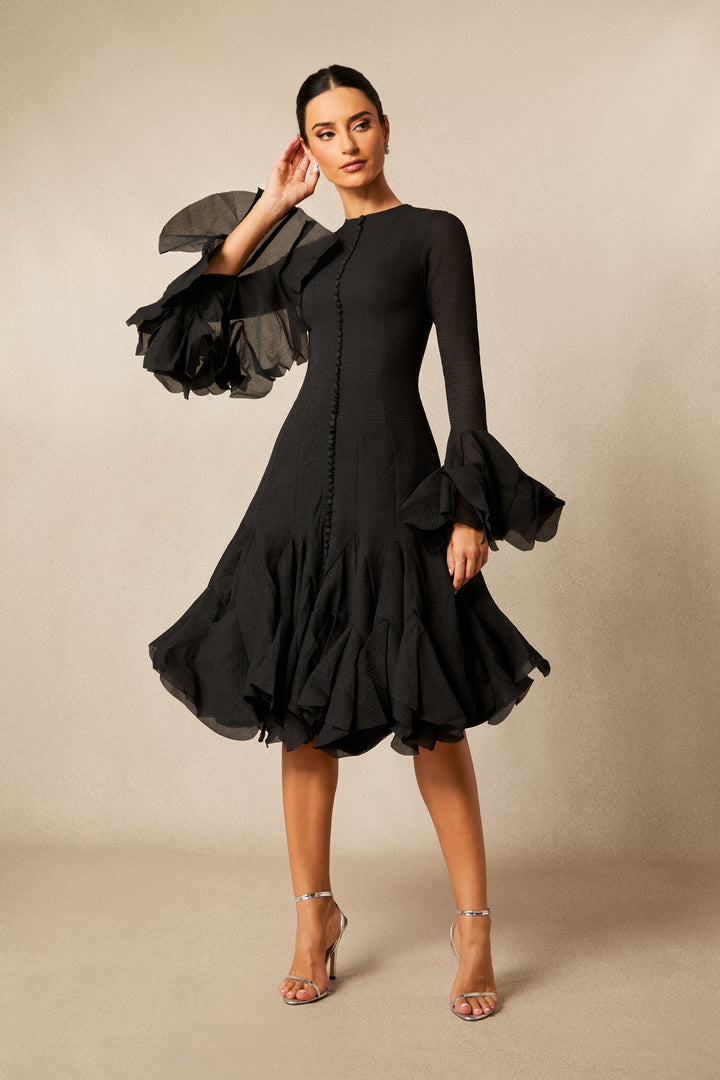 Gloria langes Ärmel Midi-Kleid mit ausgestelltem Saum – Stoff – KYMA