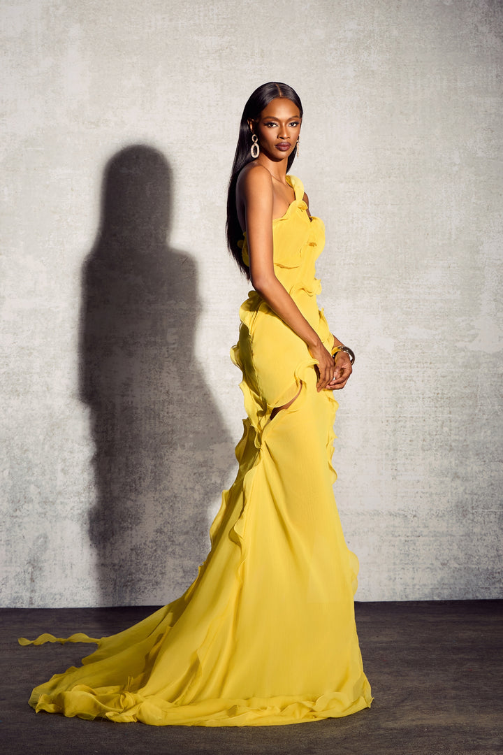 Gloria One Shoulder Rüschen Maxi Chiffonkleid Stoffdetail