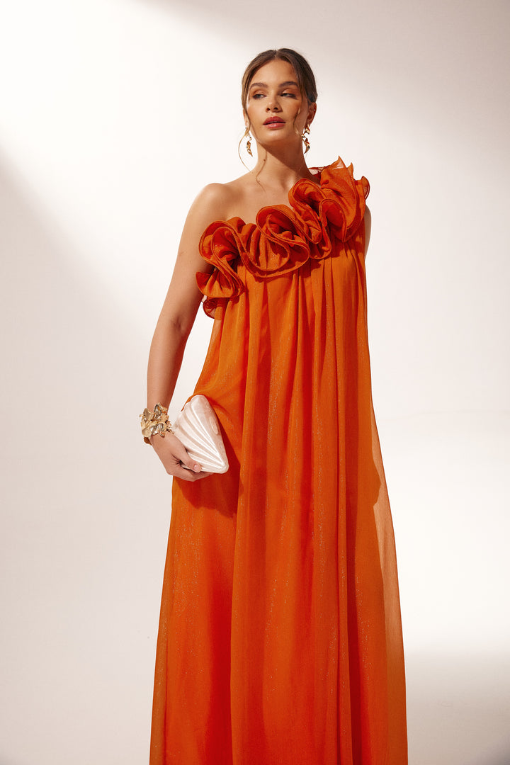 Hedda One Shoulder Maxikleid mit Blumenmuster Vorderansicht - KYMA