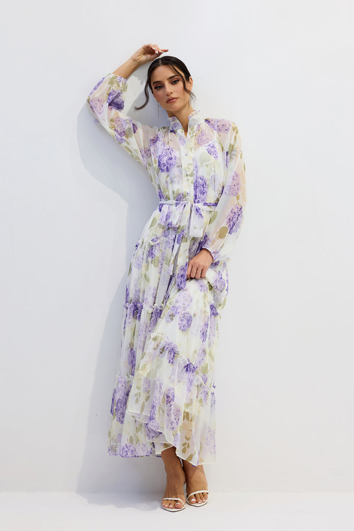 Helena Maxikleid aus Chiffon mit Blumenmuster und langen Ärmeln - KYMA