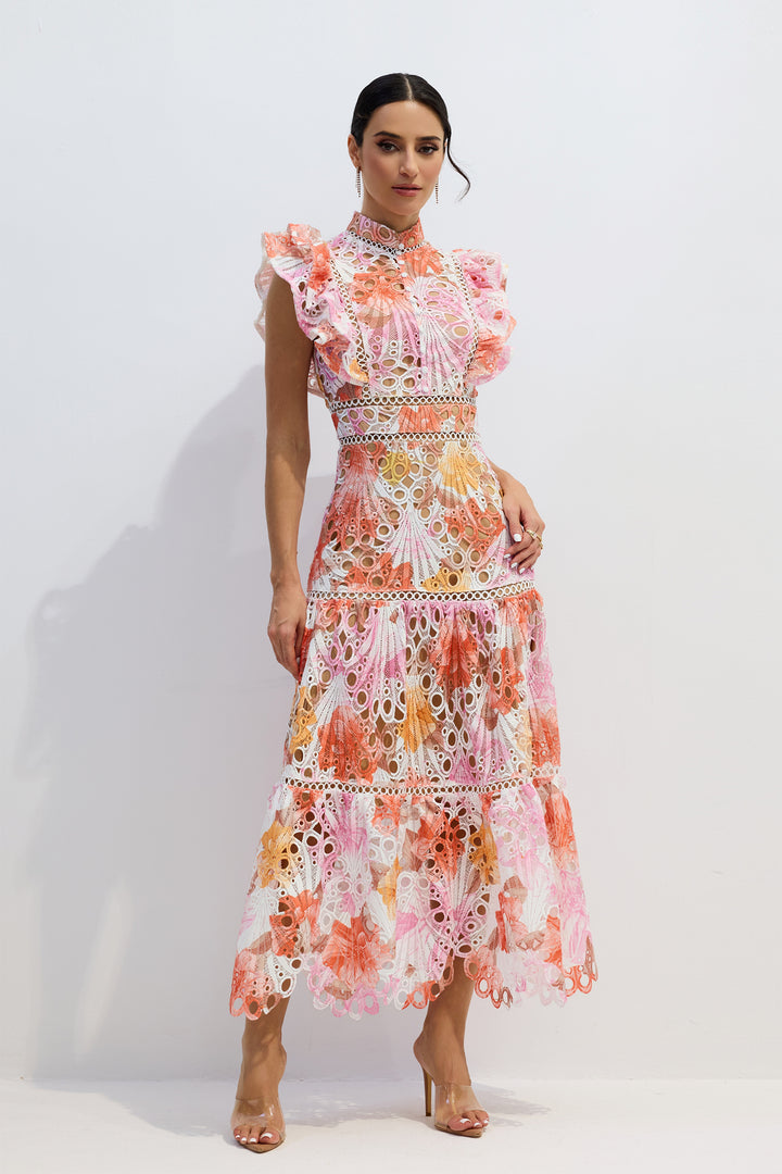 Hilda Maxi-Kleid mit Spitze und Stickerei Vorderansicht - KYMA