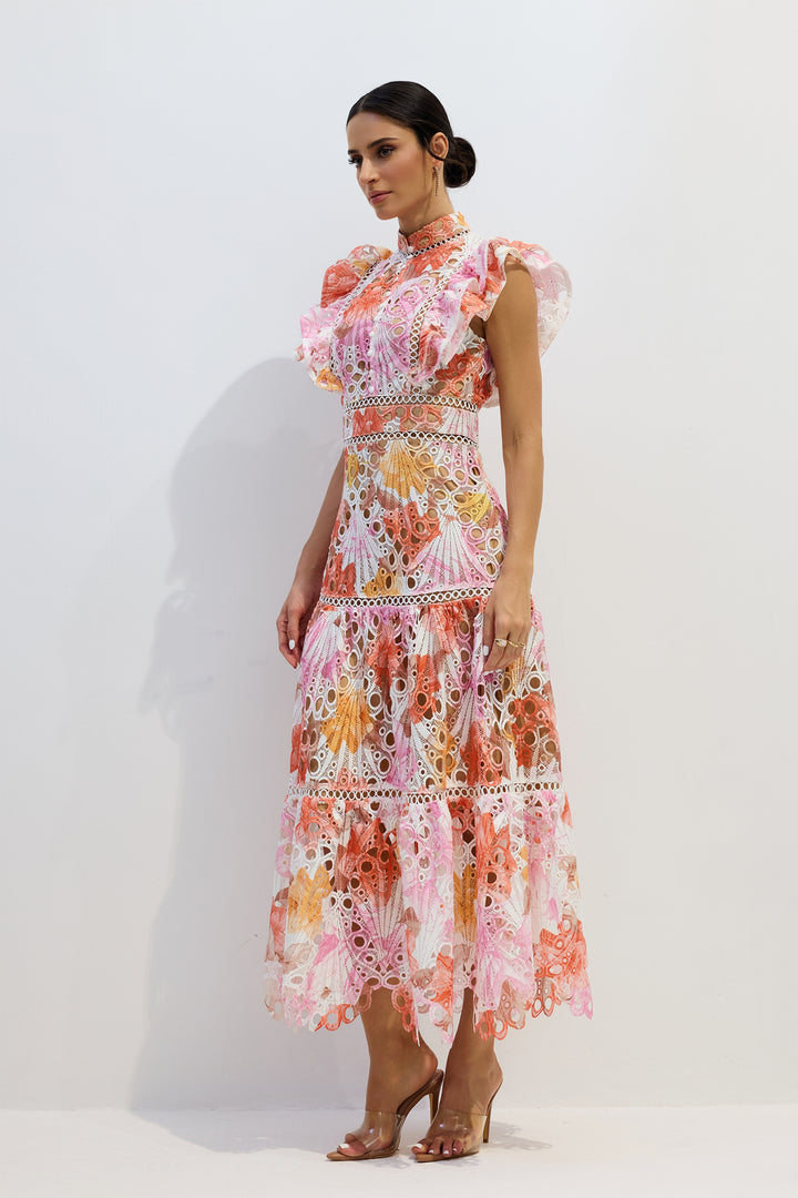 Hilda Maxi-Kleid mit Spitze und Stickerei Rückenansicht - KYMA