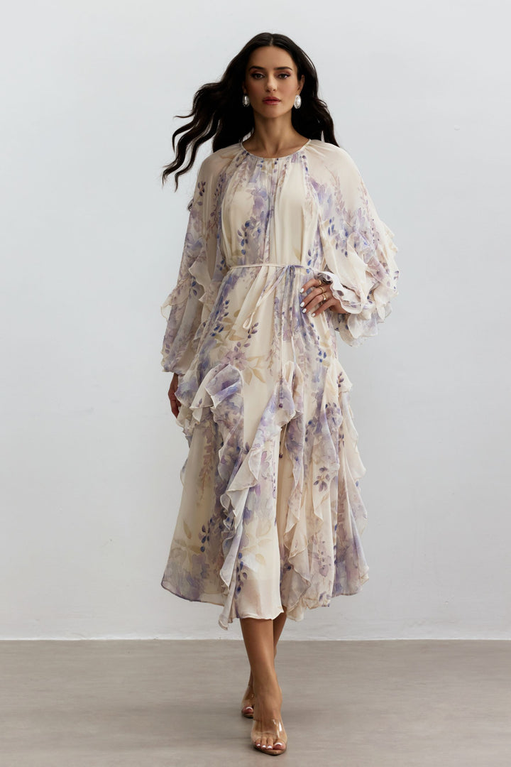 Idelle Blumenprint-Midirüschenkleid mit Puffärmeln - KYMA