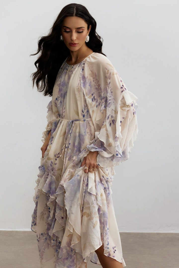 Idelle Blumenprint-Midirüschenkleid Ausschnitt - KYMA