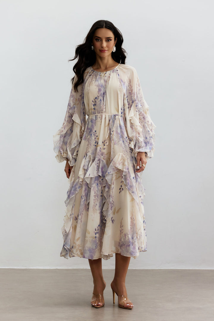 Idelle Blumenprint-Midirüschenkleid mit Gürtel - KYMA