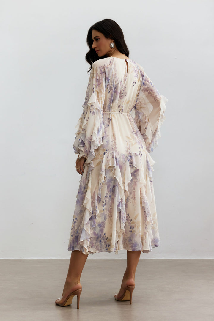 Idelle Blumenprint-Midirüschenkleid Rückenansicht - KYMA