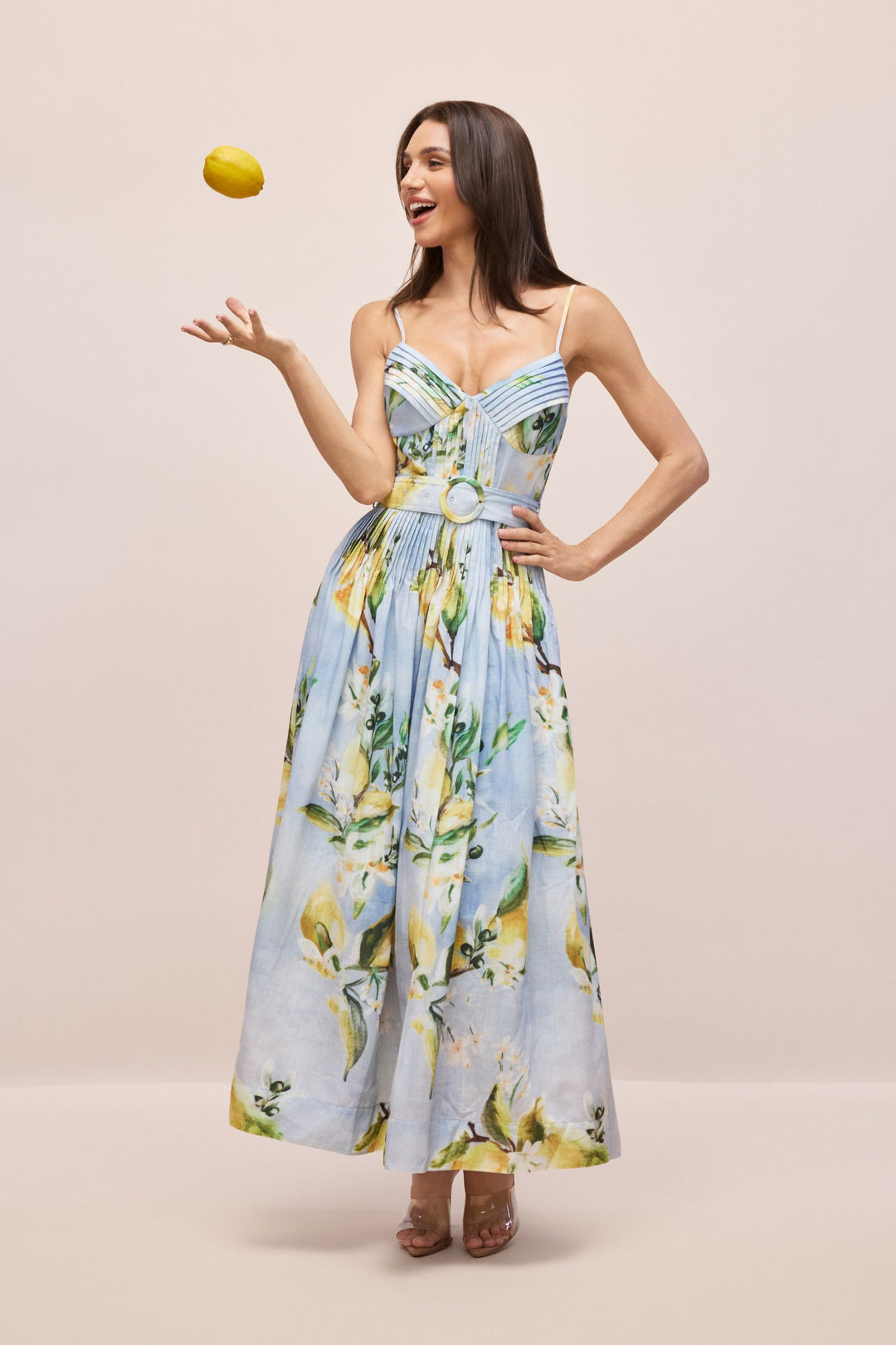 Joyce Spaghetti-Träger Maxikleid mit Zitronenprint