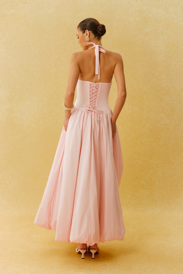 Just For Kisses rosa Maxikleid mit Korsett und Bubble-Saum Detail Ausschnitt
