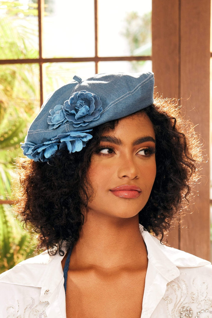 Camellia Denim Barett Mütze Vorderansicht - KYMA