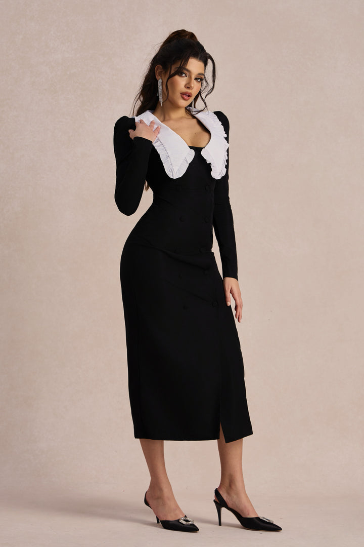 Kathy Peter Pan Collar V Neck Midi Dress White, der Stoff des Kleides zeigt eine interessante Textur