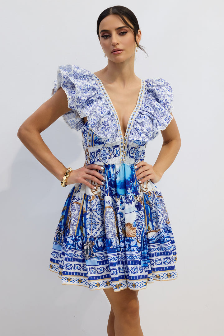 Kyla bedrucktes Mini-Kleid mit tiefem Ausschnitt - KYMA