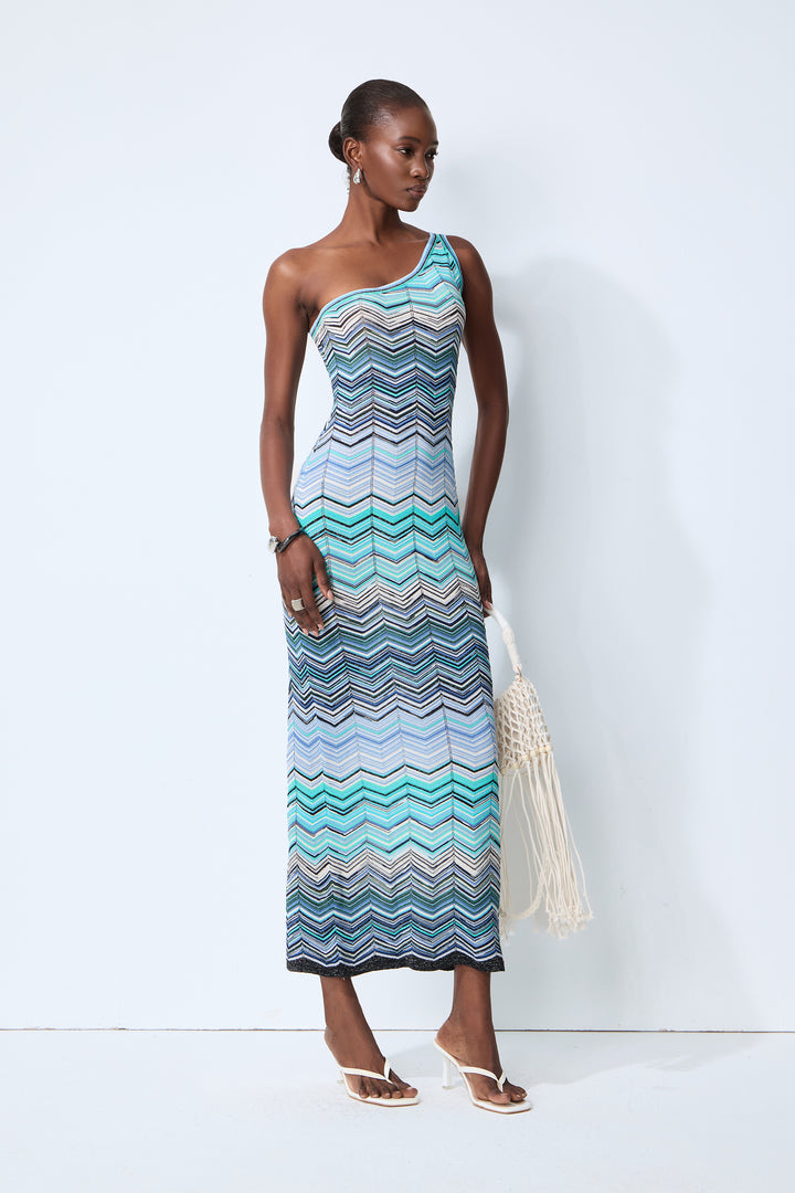 Asymmetrischer Ausschnitt des blauen One-Shoulder Kleides - KYMA