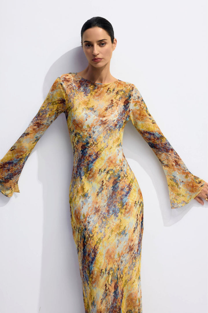 Lane Print Maxi-Kleid mit ausgestellten Ärmeln Detail - KYMA