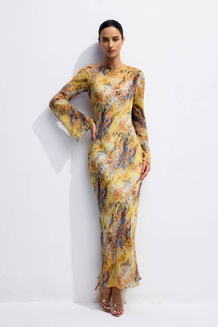 Lane Print Maxi-Kleid mit ausgestellten Ärmeln Rückansicht - KYMA