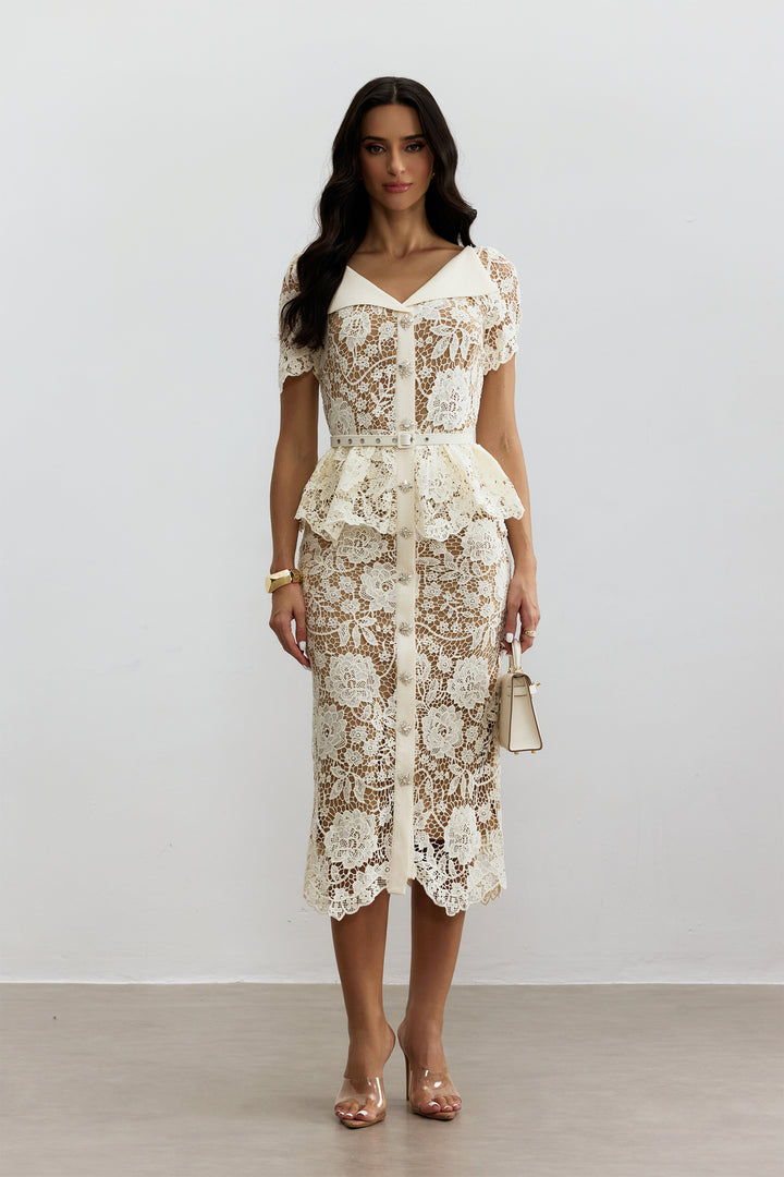 Larina Blumen-Spitzen Midikleid in Beige - KYMA