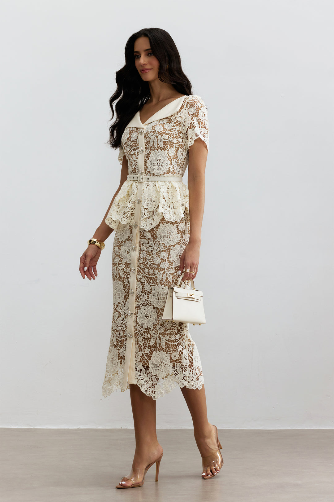 Larina elegantes Blumen-Spitzen Midikleid – KYMA