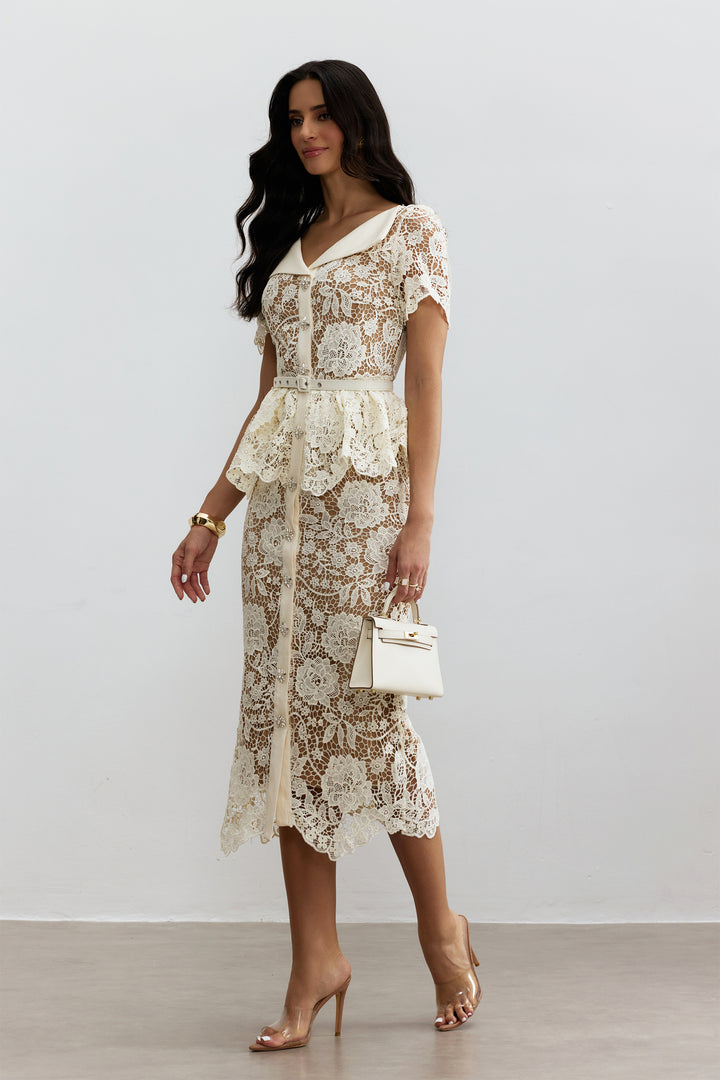 Larina elegantes Blumen-Spitzen Midikleid – KYMA
