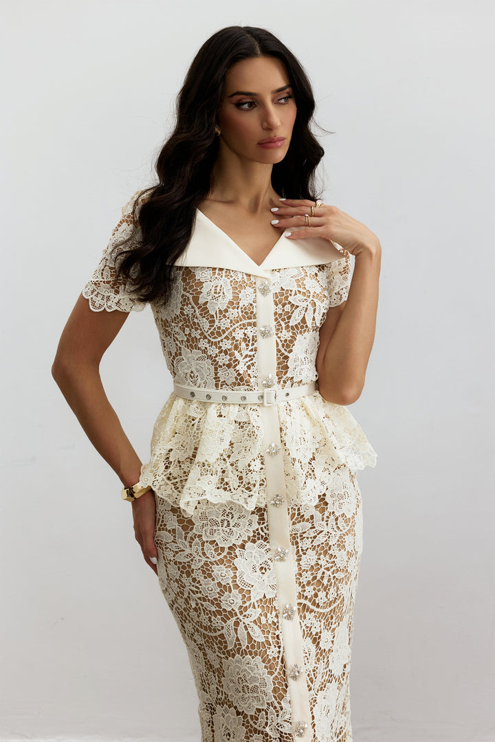 Larina elegantes Blumen-Spitzen Midikleid – KYMA