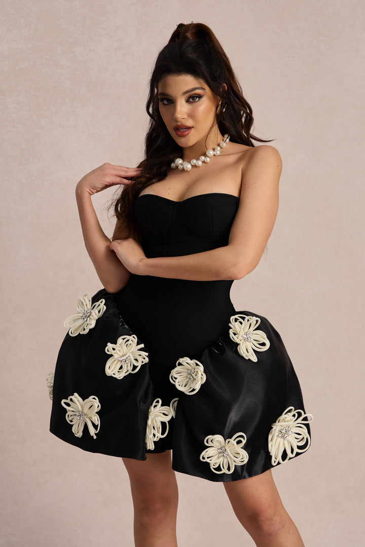 Leona Blumen-Applikation Korsett-Mini-Kleid, Kyma, Rückseite mit Reißverschluss