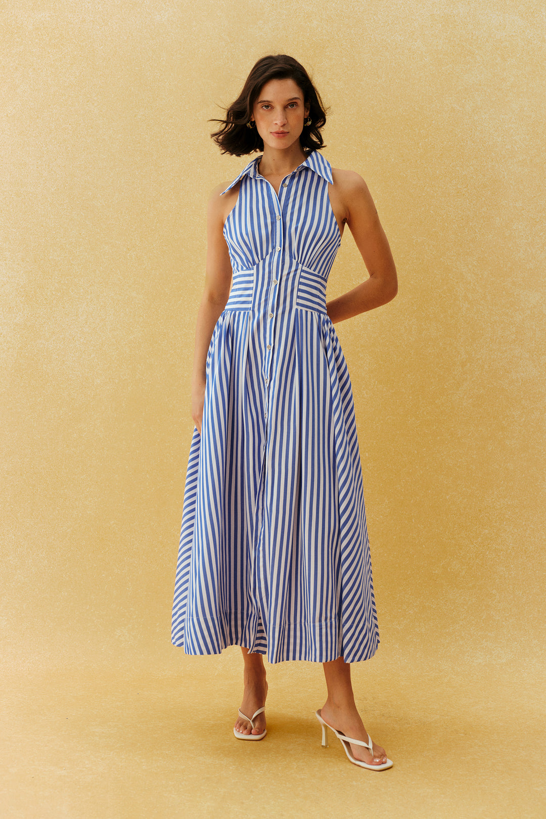 Gemustertes blau-weiß gestreiftes ärmelloses Maxikleid mit Kragen