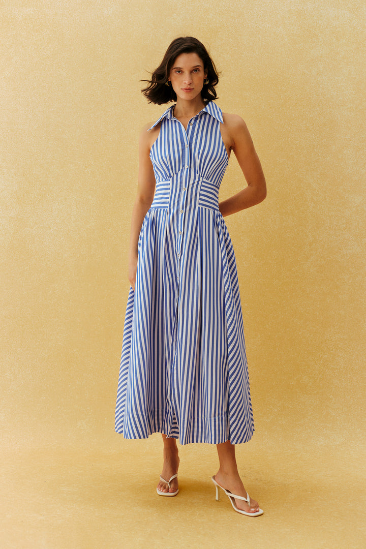 Gemustertes blau-weiß gestreiftes ärmelloses Maxikleid mit Kragen