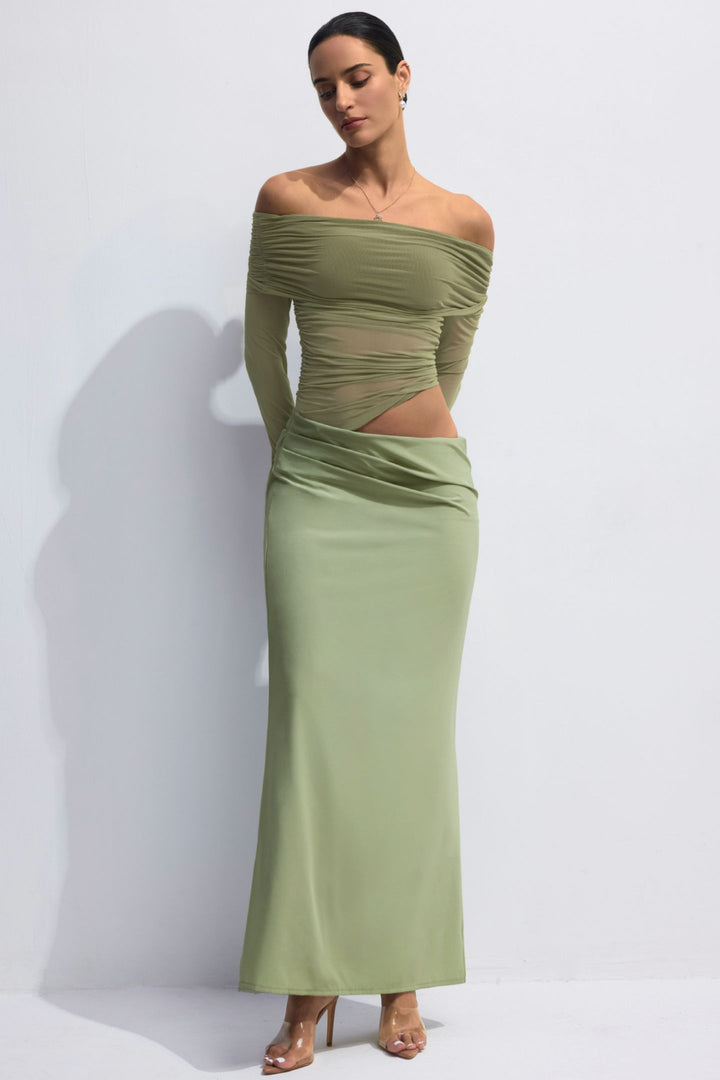 Lillian Maxikleid schulterfrei und transparent aus Mesh seitlich