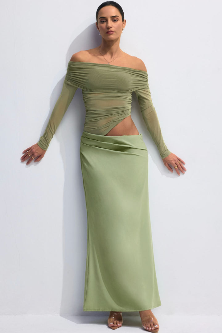 Lillian Maxikleid schulterfrei und transparent aus Mesh Detail