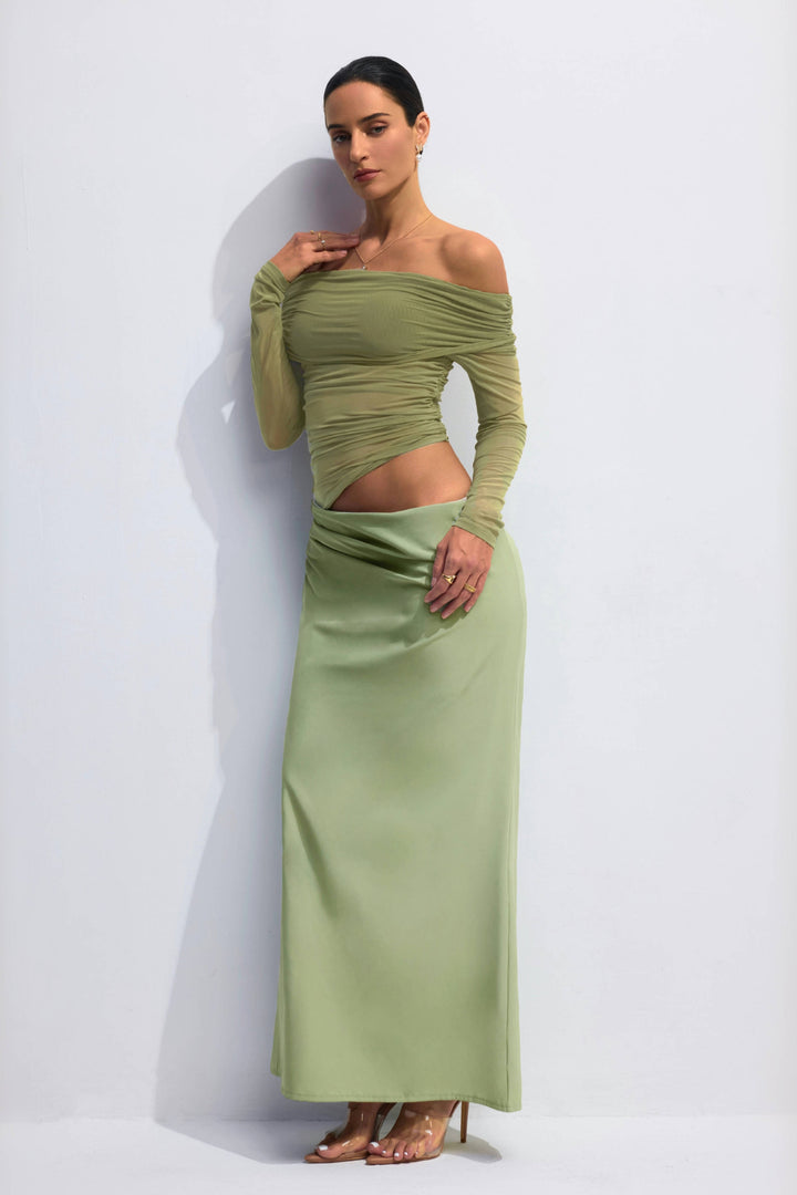 Lillian Maxikleid schulterfrei und transparent aus Mesh mit Satin