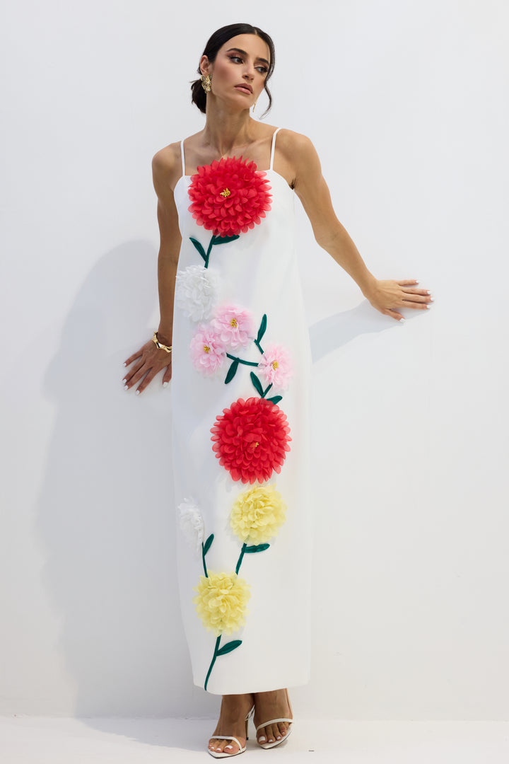 Louisa Maxikleid mit Blumenapplikationen und Spaghettiträgern - Tragekomfort - KYMA