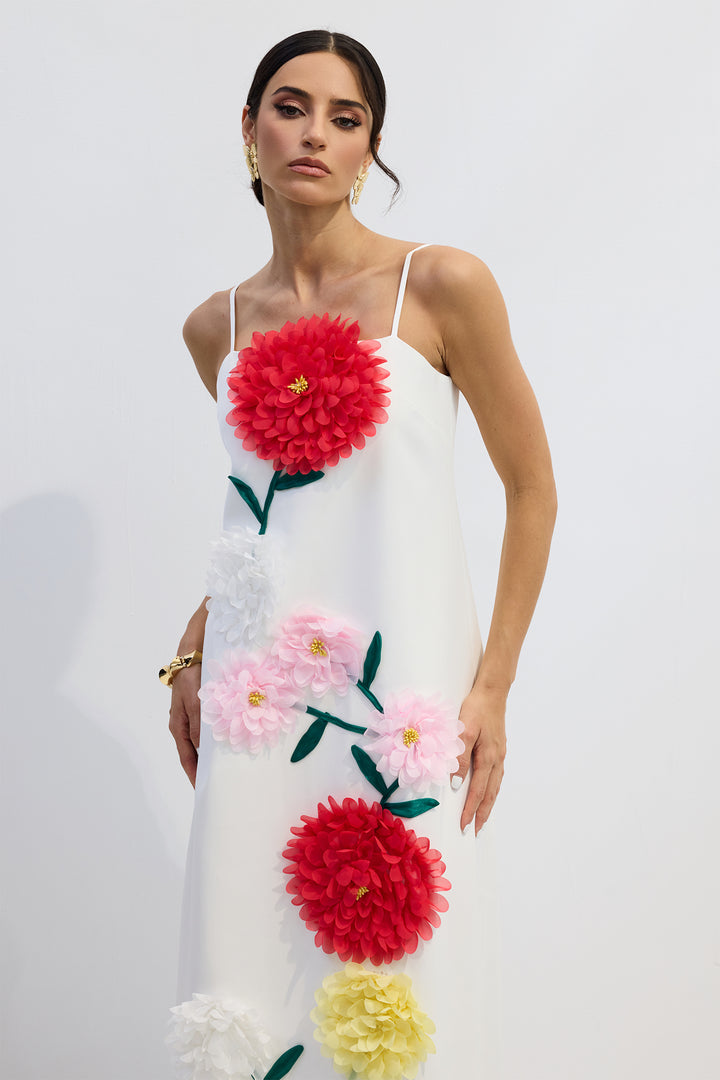 Louisa Maxikleid mit Blumenapplikationen und Spaghettiträgern - Muster - KYMA
