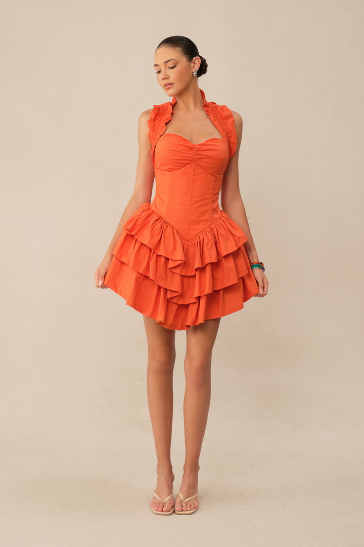 Love The Moment oranges Minikleid mit Korsett und Rüschen Rockdetail