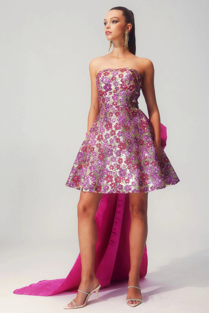 Madeline Blumen-Pailletten-Minikleid mit Schleife, KYMA