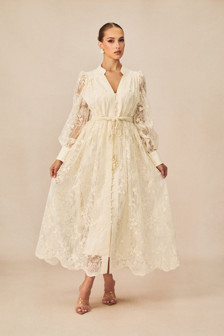 Madeline V-Ausschnitt Midi-Kleid mit Spitze und Stickerei - KYMA