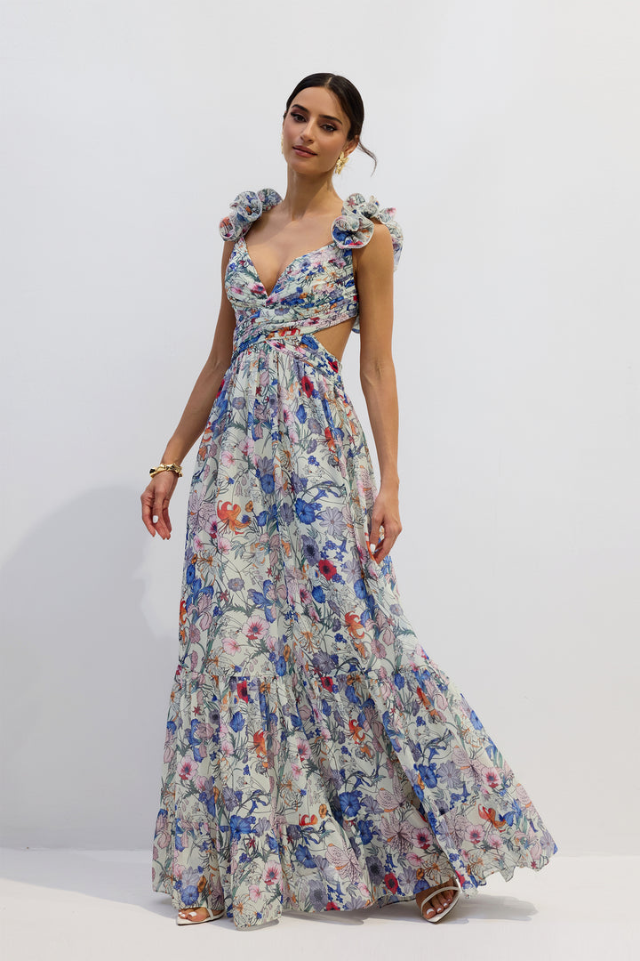 Marissa Cut-out Ruffle Maxikleid mit Blumenprint und Cut-out am Rücken - KYMA
