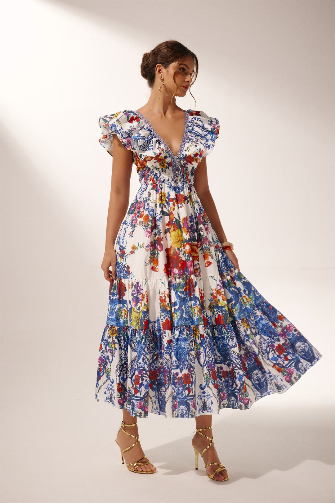 Martina Blumenmuster Rüschen Maxi-Kleid Vorderansicht - KYMA