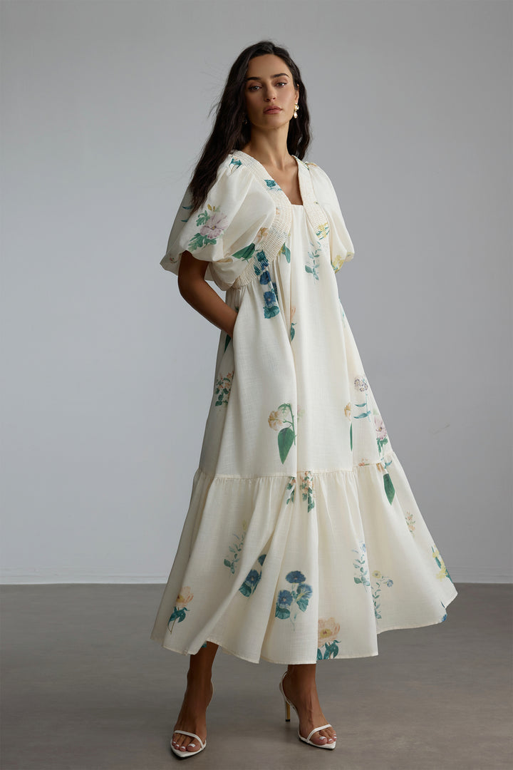 Maura Maxikleid mit Blumenmuster und Puffärmeln Vorderansicht - KYMA