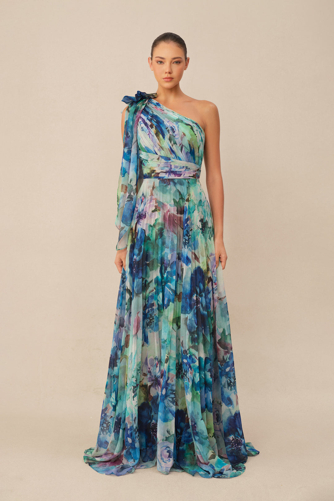 Mehrfarbiges geblümtes One-Shoulder Maxikleid mit Falten