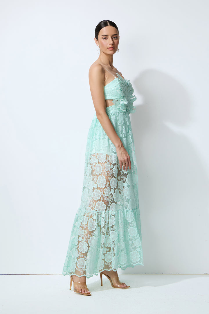 Mintfarbenes Spitzen-Maxikleid mit hohem Schlitz - KYMA