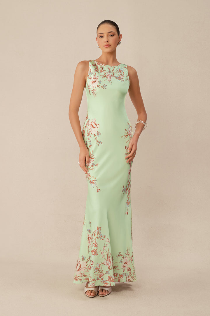 Mintgrünes Maxikleid mit Blumenprint und Cape – KYMA
